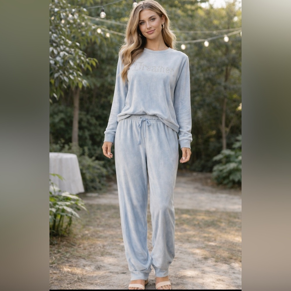 Juicy Couture Velour 2pc Top Track Pants Set Y2K Blue Crystals Women’s L Large